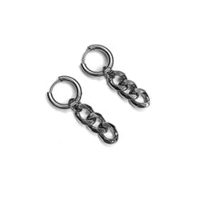 Load image into Gallery viewer, bent silver curb chain latch back hoop earrings in steel
