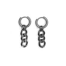 Load image into Gallery viewer, bent silver curb chain latch back hoop earrings in steel
