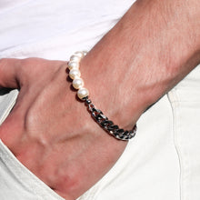 Load image into Gallery viewer, kruu cream white pearl and silver stainless steel chain bracelet
