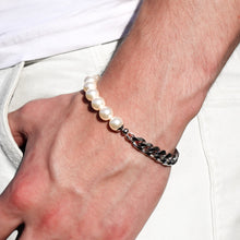 Load image into Gallery viewer, kruu cream white pearl and silver stainless steel chain bracelet
